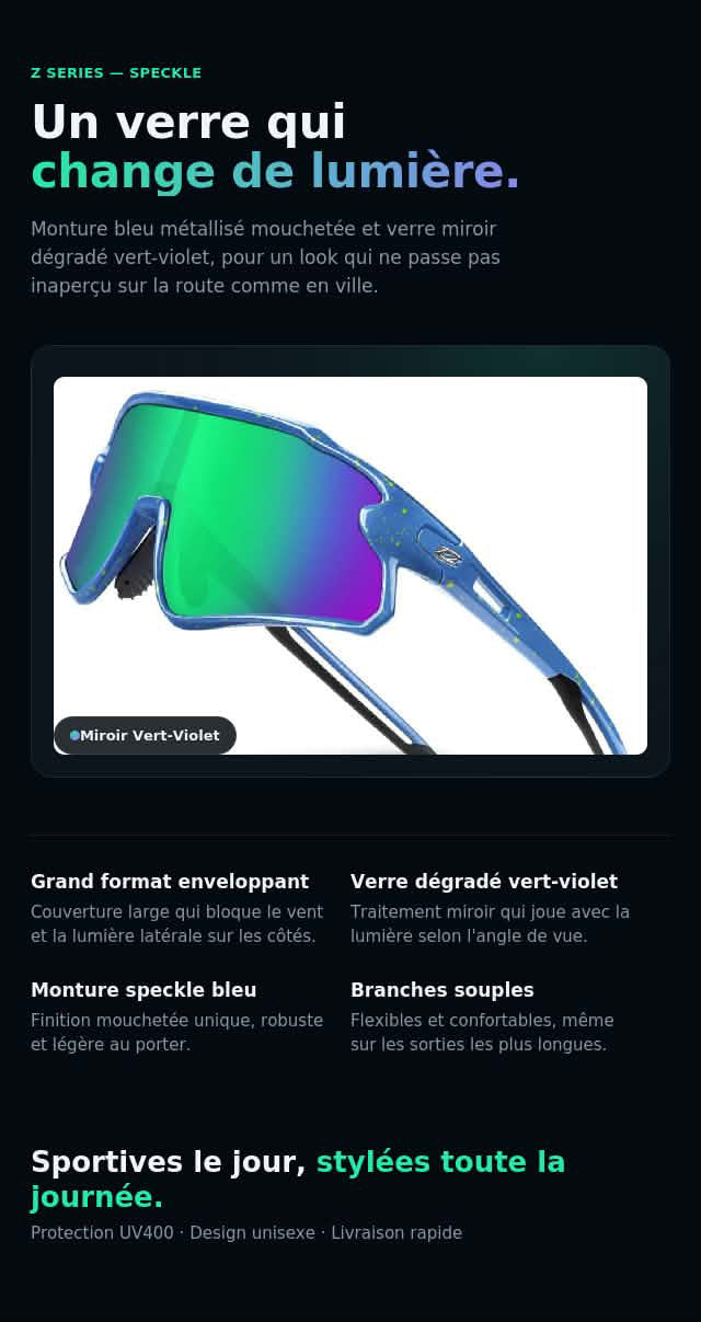 Lunettes de soleil RIVBOS pour enfant, monture bleue mouchetée et verre miroir dégradé vert-violet