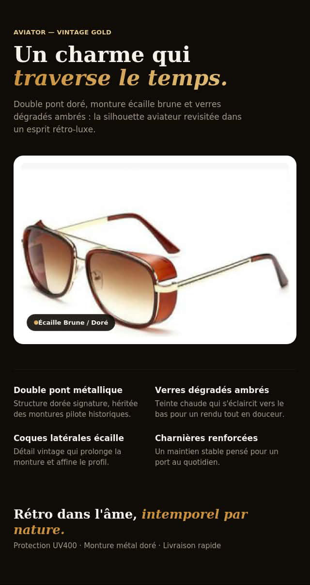 Lunettes de soleil aviateur vintage pour femme et couple, monture écaille brune et détails dorés