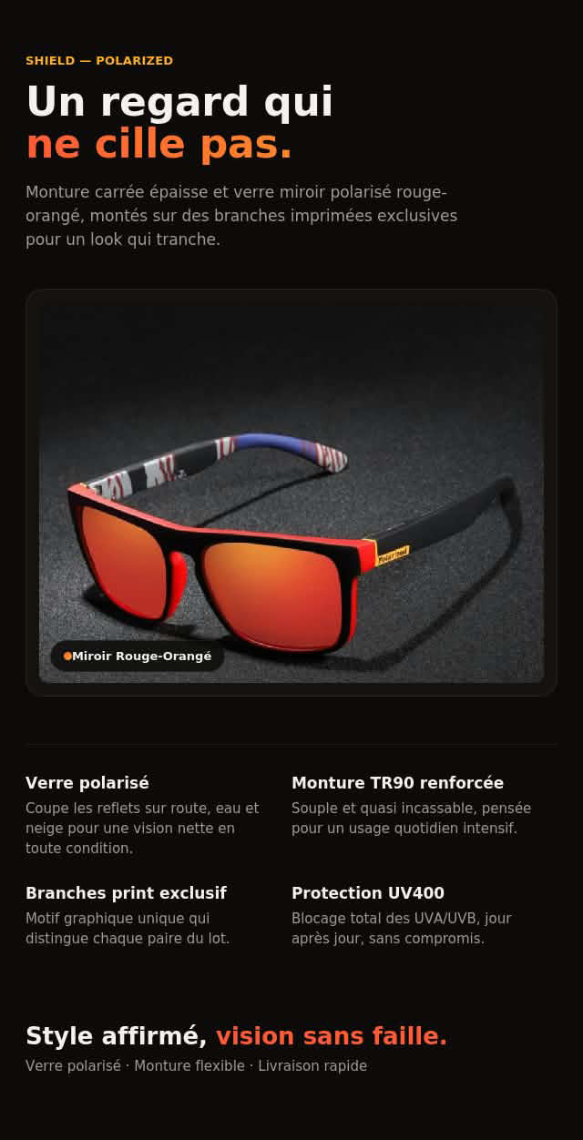 Lunettes de soleil TR90 polarisées carrées, monture noire et rouge avec verres miroir rouge orangé