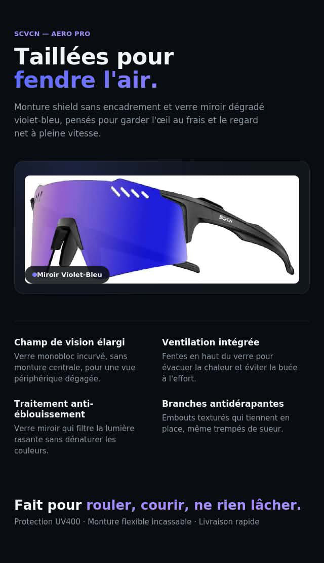 Lunettes de soleil SCVCN pour VTT et cyclisme, monture noire et verre miroir dégradé violet-bleu