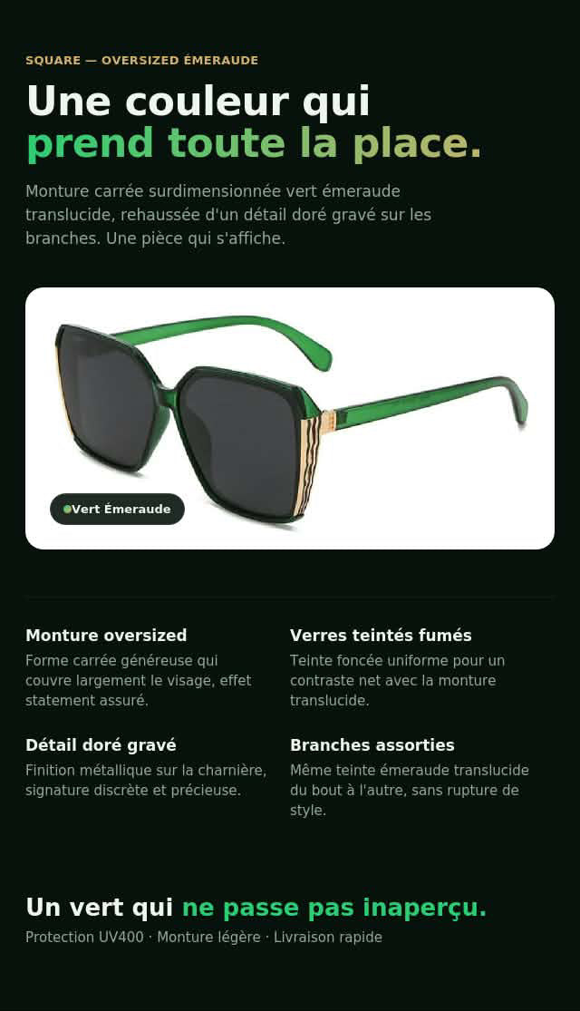 Lunettes de soleil oversize carrées pour femme, monture vert émeraude et détails dorés